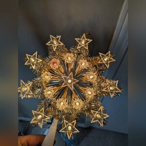 Vintage Christmas Tree Star Topper | Silver Tinsel Lighted 9”